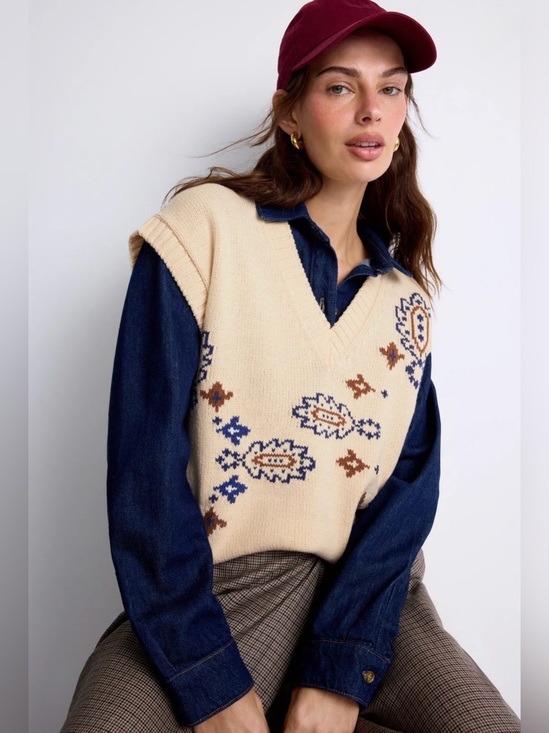 Weekend Max Mara Sweaters - Weekend MaxMara Crusca NWOT Ivory Knit V-Neck Vest W/Blue & Brown Pattern. Small
